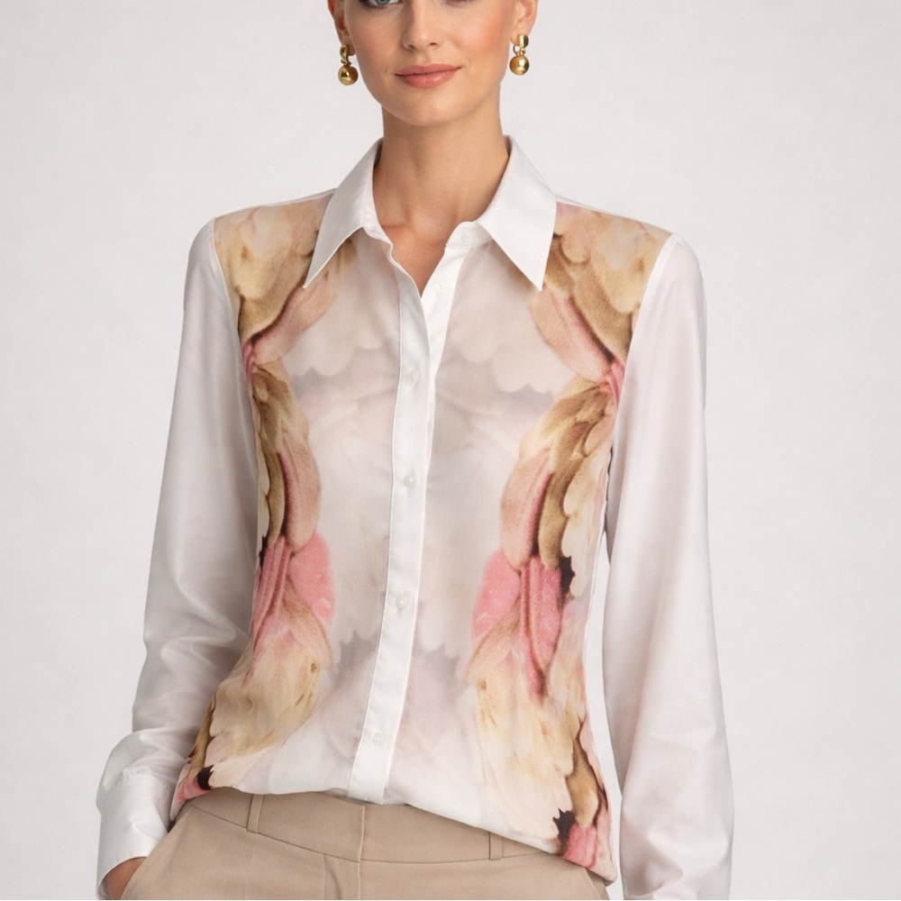 Escada White Print Button Down Blouse